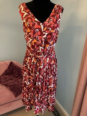 LOFT Burgundy Floral V-Neck Dress with Self-Tie Waist